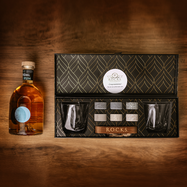 Tidal Rum & The ROCKS 2 Crystal Glasses and 1 x Chilling Stones Gift Set